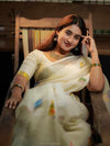 Premium Weaving Patta Linen Cotton Silver Saree | Elegant Lightweight Designer Saree with Printed Pallu | Traditional Ethnic Wear for Women