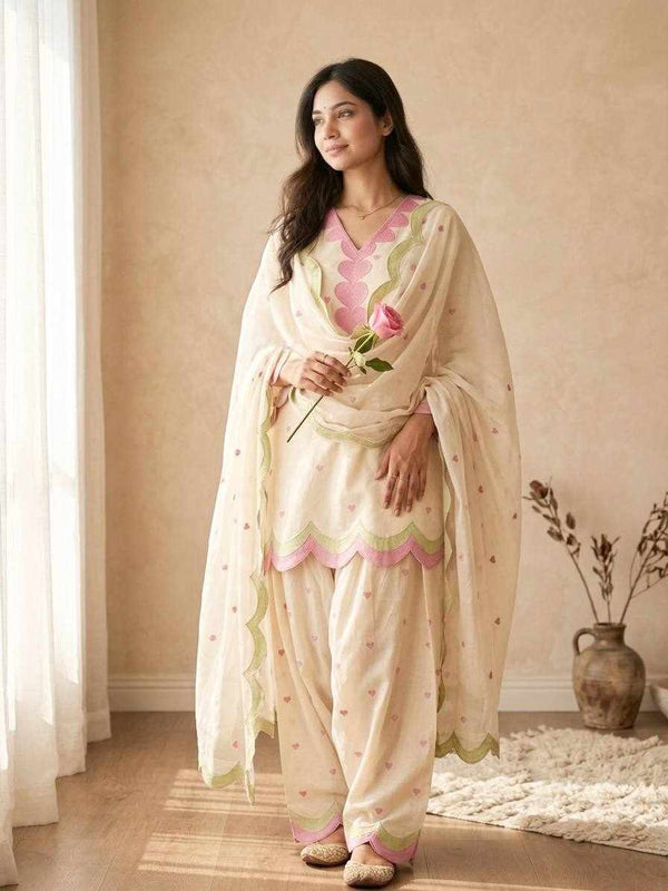 White Pink Cotton Suit Set for Women | Kurta Palazzo Dupatta