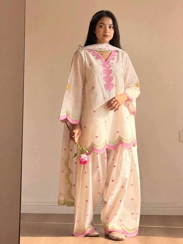 White Pink Cotton Suit Set for Women | Kurta Palazzo Dupatta