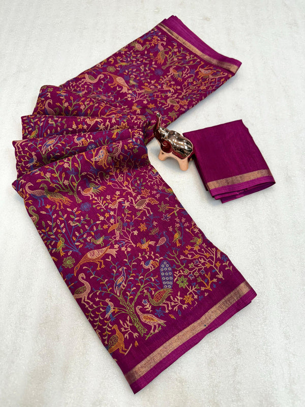 Tussar Silk Printed Saree with Peacock & Floral Motifs | Designer Ethnic Saree for Women