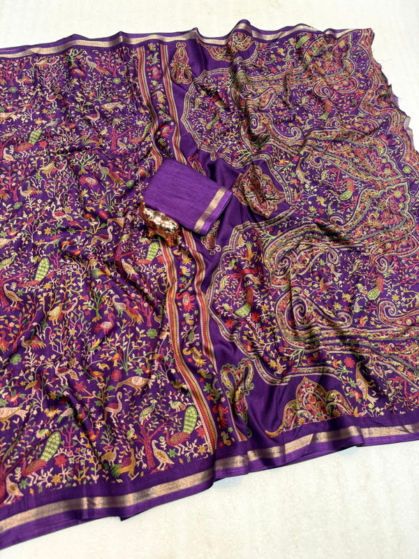 Tussar Silk Printed Saree with Peacock & Floral Motifs | Designer Ethnic Saree for Women