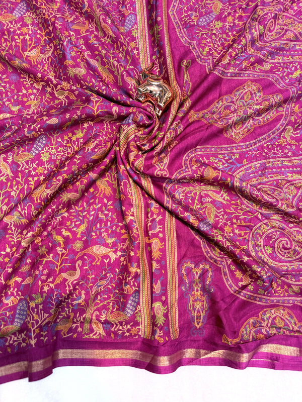 Tussar Silk Printed Saree with Peacock & Floral Motifs | Designer Ethnic Saree for Women