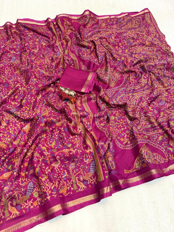 Tussar Silk Printed Saree with Peacock & Floral Motifs | Designer Ethnic Saree for Women