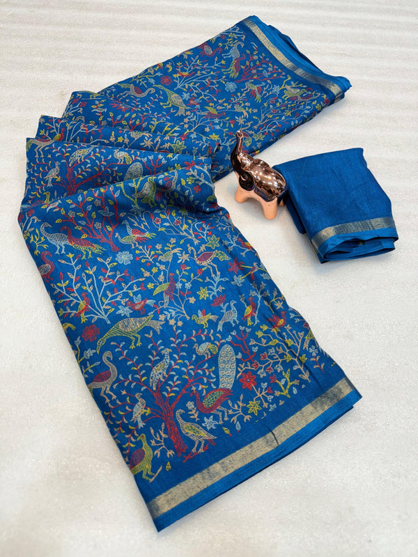 Tussar Silk Printed Saree with Peacock & Floral Motifs | Designer Ethnic Saree for Women