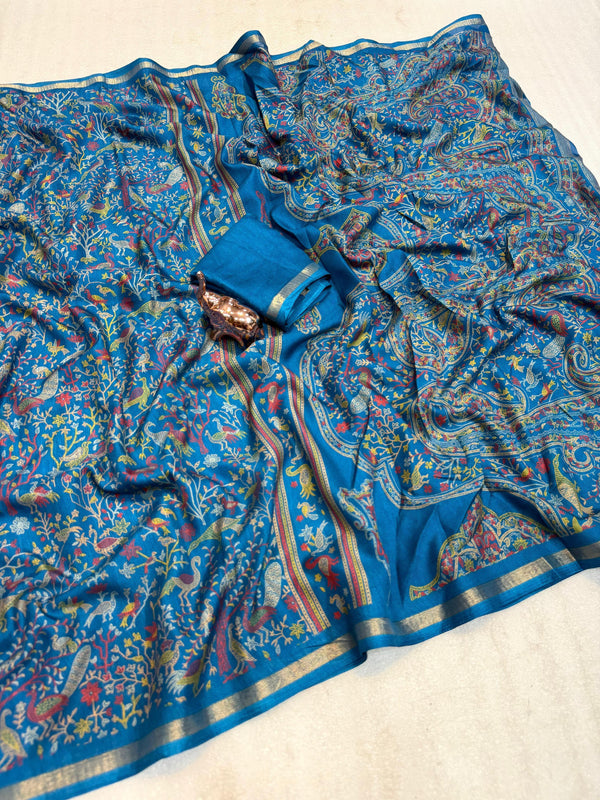 Tussar Silk Printed Saree with Peacock & Floral Motifs | Designer Ethnic Saree for Women