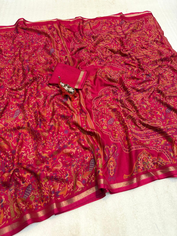 Tussar Silk Printed Saree with Peacock & Floral Motifs | Designer Ethnic Saree for Women