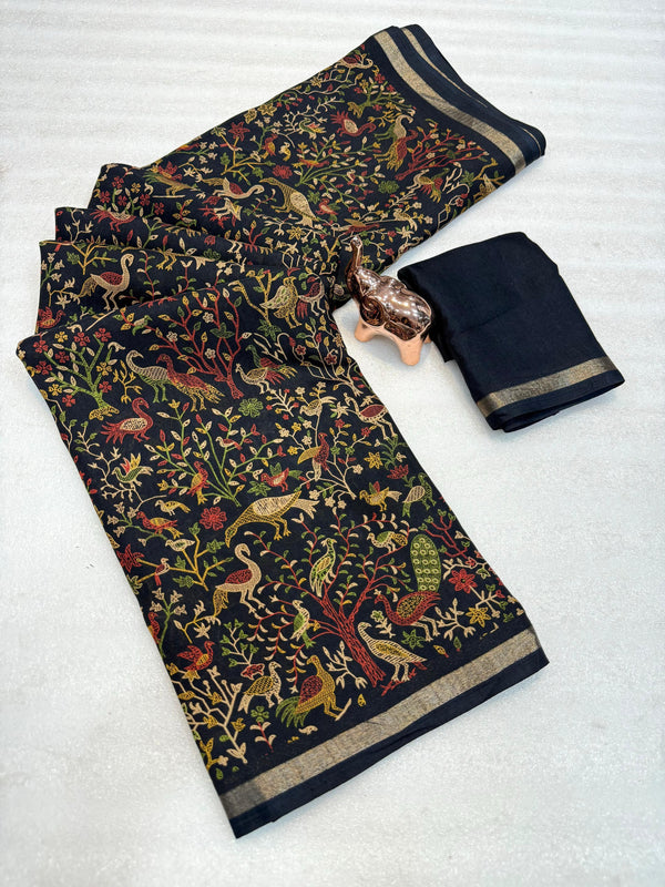 Tussar Silk Printed Saree with Peacock & Floral Motifs | Designer Ethnic Saree for Women