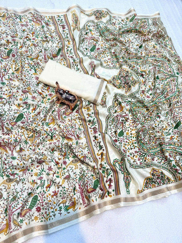 Tussar Silk Printed Saree with Peacock & Floral Motifs | Designer Ethnic Saree for Women