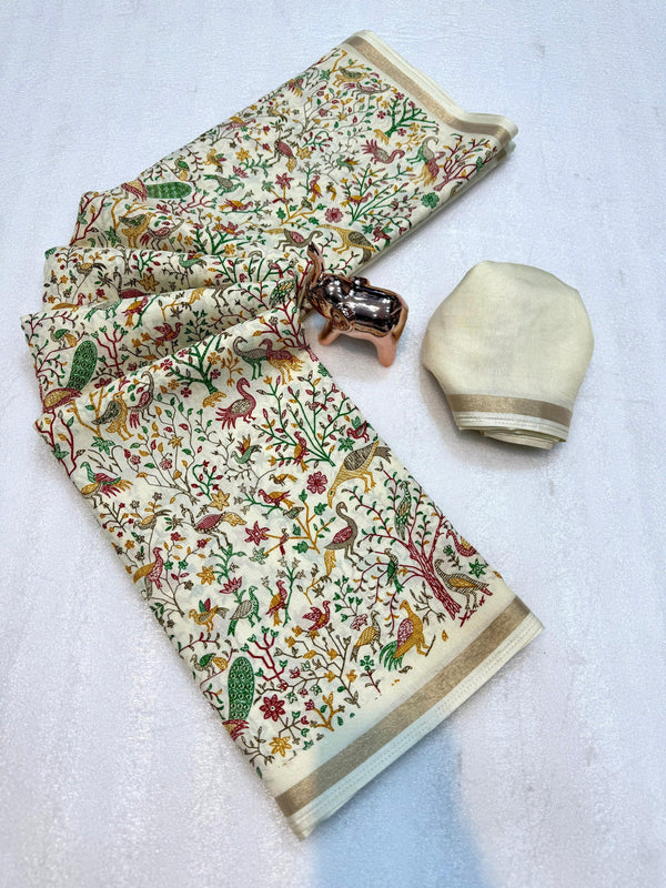 Tussar Silk Printed Saree with Peacock & Floral Motifs | Designer Ethnic Saree for Women