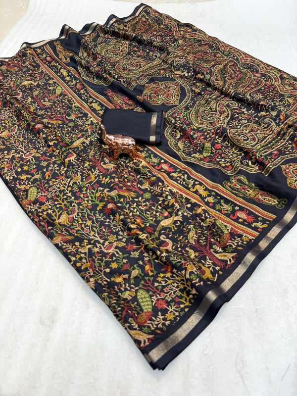 Tussar Silk Printed Saree with Peacock & Floral Motifs | Designer Ethnic Saree for Women