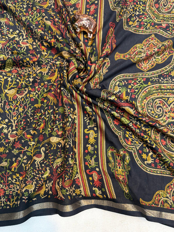 Tussar Silk Printed Saree with Peacock & Floral Motifs | Designer Ethnic Saree for Women