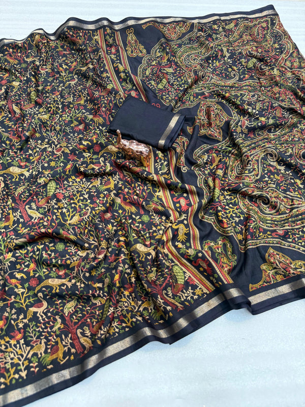 Tussar Silk Printed Saree with Peacock & Floral Motifs | Designer Ethnic Saree for Women