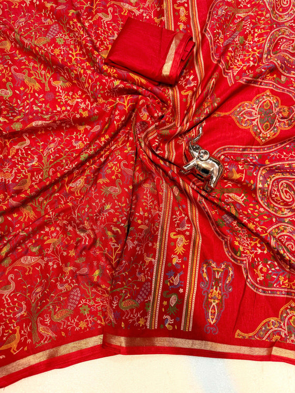 Tussar Silk Printed Saree with Peacock & Floral Motifs | Designer Ethnic Saree for Women
