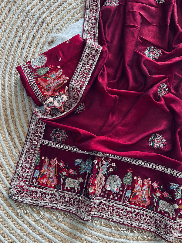 Vichitra Silk Embroidered Saree for Women | Designer Silk Saree with Embroidery Border