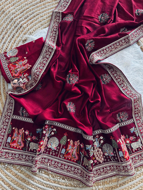Vichitra Silk Embroidered Saree for Women | Designer Silk Saree with Embroidery Border