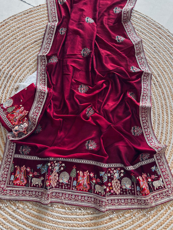 Vichitra Silk Embroidered Saree for Women | Designer Silk Saree with Embroidery Border