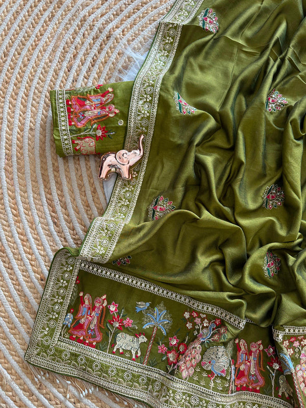 Vichitra Silk Embroidered Saree for Women | Designer Silk Saree with Embroidery Border