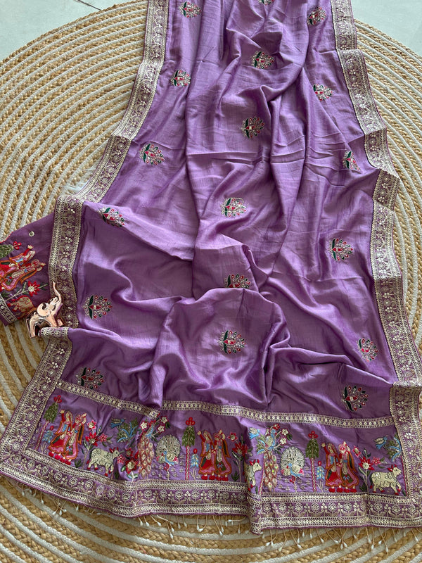 Vichitra Silk Embroidered Saree for Women | Designer Silk Saree with Embroidery Border