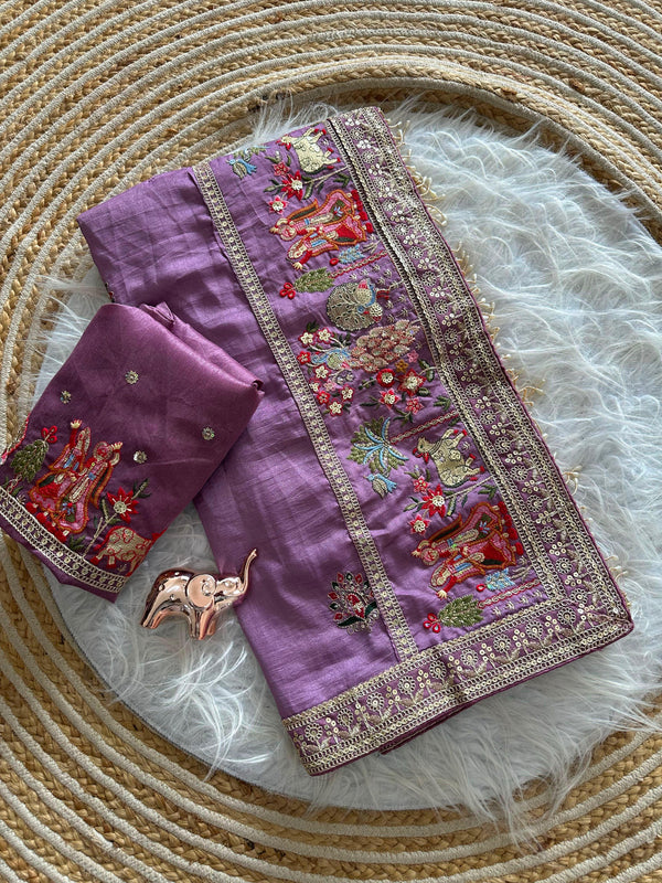 Vichitra Silk Embroidered Saree for Women | Designer Silk Saree with Embroidery Border