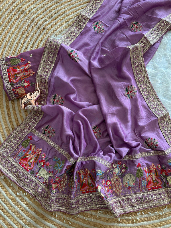 Vichitra Silk Embroidered Saree for Women | Designer Silk Saree with Embroidery Border