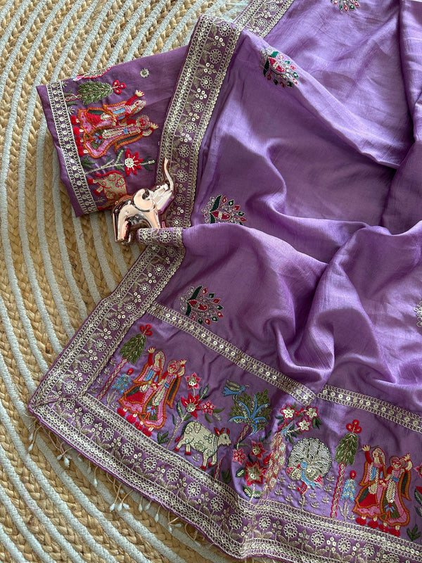 Vichitra Silk Embroidered Saree for Women | Designer Silk Saree with Embroidery Border