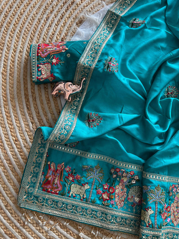 Vichitra Silk Embroidered Saree for Women | Designer Silk Saree with Embroidery Border