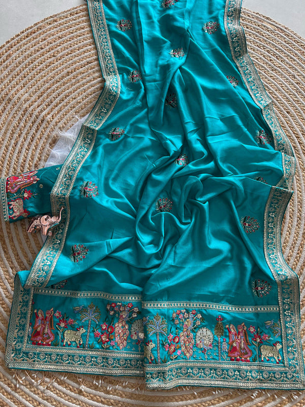 Vichitra Silk Embroidered Saree for Women | Designer Silk Saree with Embroidery Border