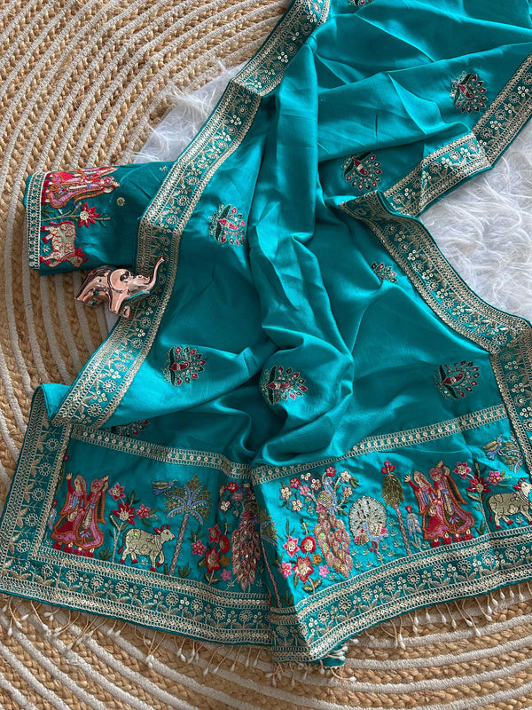 Vichitra Silk Embroidered Saree for Women | Designer Silk Saree with Embroidery Border