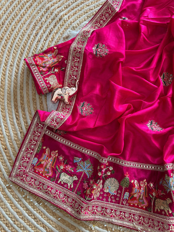 Vichitra Silk Embroidered Saree for Women | Designer Silk Saree with Embroidery Border