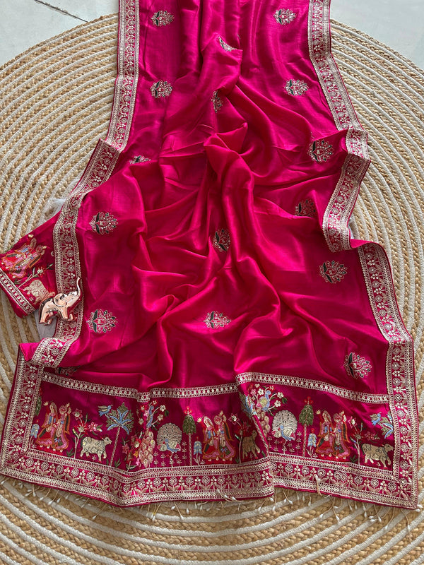 Vichitra Silk Embroidered Saree for Women | Designer Silk Saree with Embroidery Border