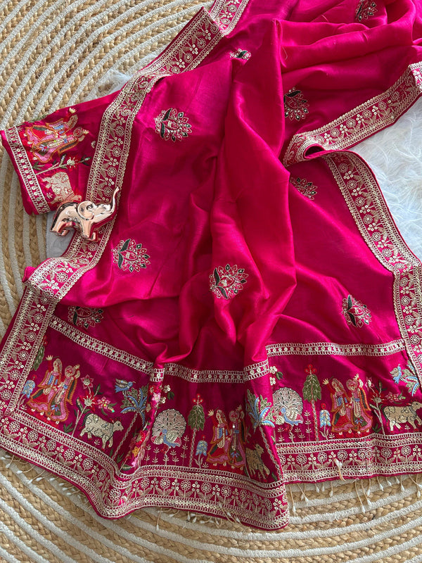 Vichitra Silk Embroidered Saree for Women | Designer Silk Saree with Embroidery Border