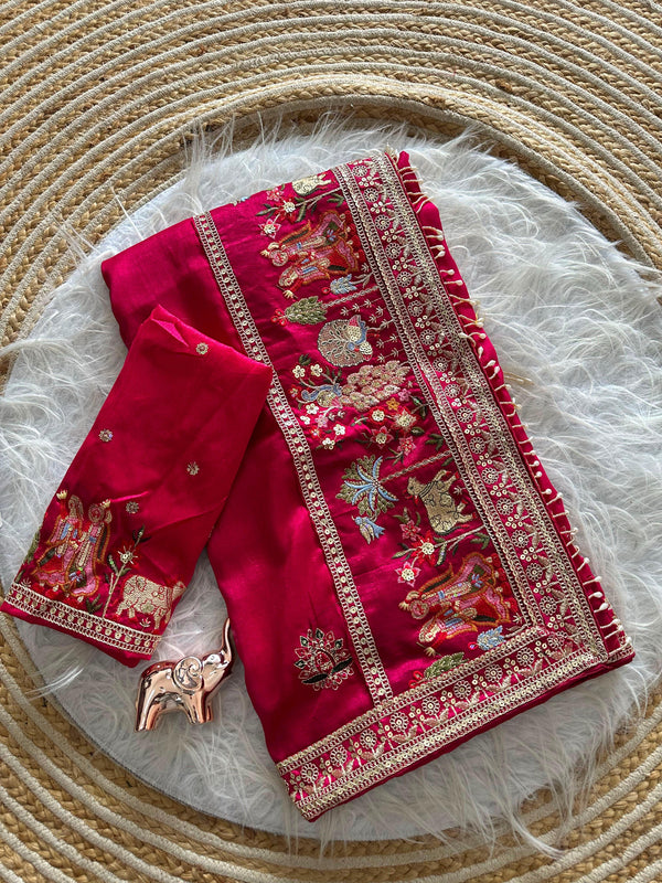 Vichitra Silk Embroidered Saree for Women | Designer Silk Saree with Embroidery Border