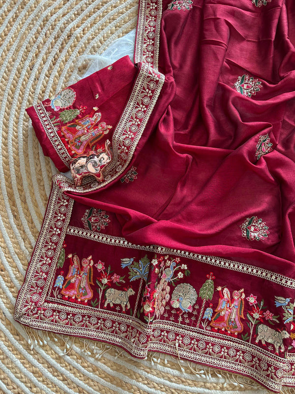 Vichitra Silk Embroidered Saree for Women | Designer Silk Saree with Embroidery Border