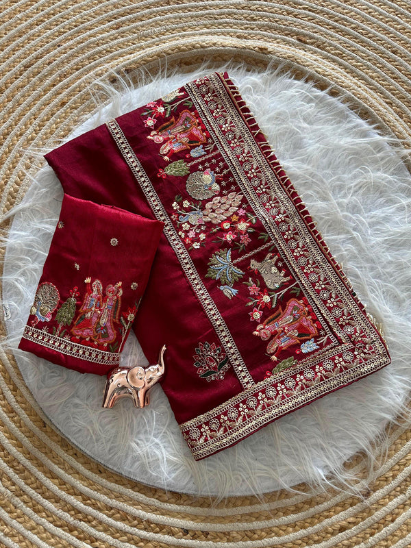 Vichitra Silk Embroidered Saree for Women | Designer Silk Saree with Embroidery Border
