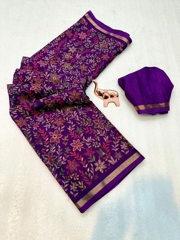 Tussar Silk Floral Printed Saree for Women | Multicolor Floral Silk Saree