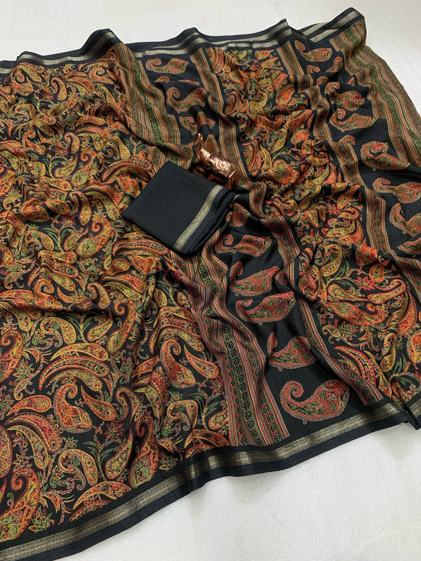 Tussar Silk Paisley Printed Saree for Women | Multicolor Printed Silk Saree