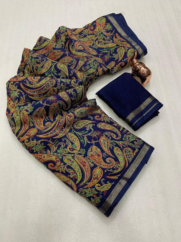 Tussar Silk Paisley Printed Saree for Women | Multicolor Printed Silk Saree