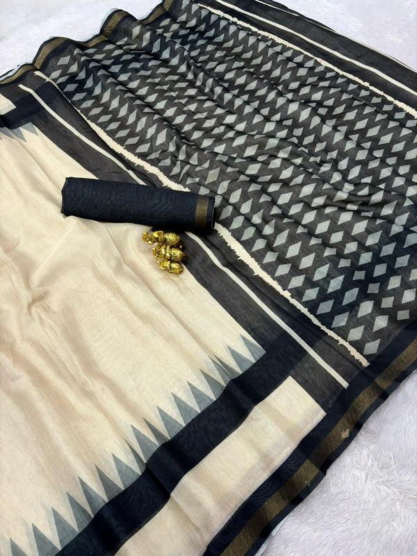 Black Grey Mul Cotton Printed Saree for Women | Geometric Print Cotton Saree