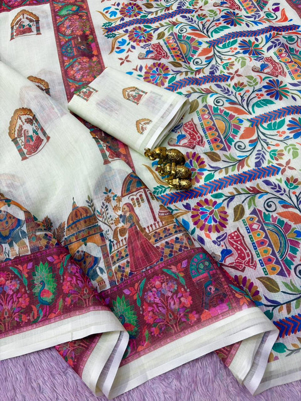 Linen Printed Saree for Women | Multicolor Floral & Traditional Print Saree