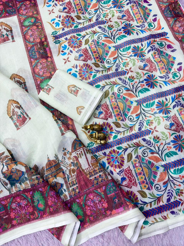 Linen Printed Saree for Women | Multicolor Floral & Traditional Print Saree