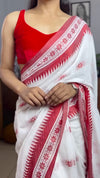 Linen Printed Saree for Women | White & Red Traditional Floral Print Saree