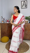 Linen Printed Saree for Women | White & Red Traditional Floral Print Saree