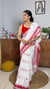 Linen Printed Saree for Women | White & Red Traditional Floral Print Saree