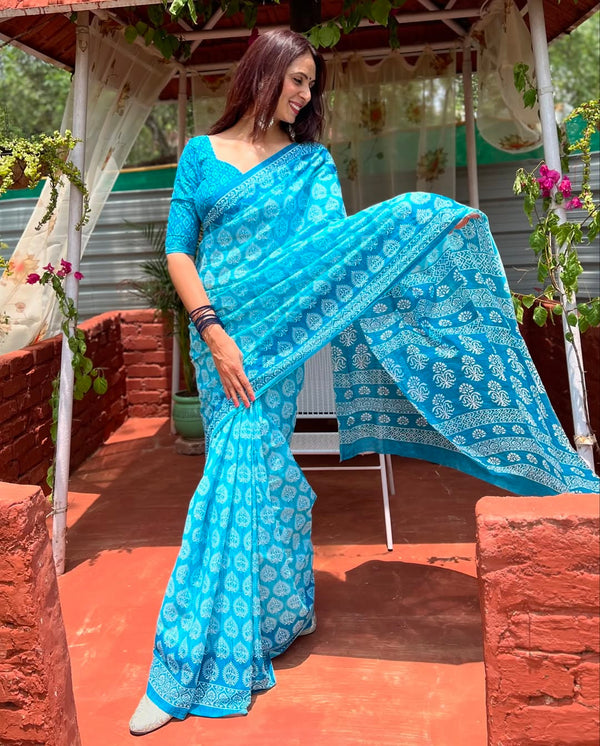 Linen Printed Saree for Women | Blue Floral & Traditional Print Saree