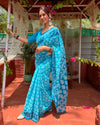 Linen Printed Saree for Women | Blue Floral & Traditional Print Saree