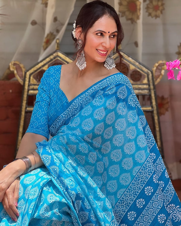 Linen Printed Saree for Women | Blue Floral & Traditional Print Saree