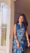 Linen Printed Saree for Women | Blue Abstract Floral Print Saree