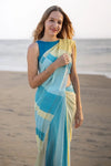 Linen Printed Saree for Women | Sky Blue & Yellow Striped Saree