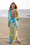 Linen Printed Saree for Women | Sky Blue & Yellow Striped Saree