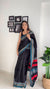 Black Linen Printed Saree for Women | Blue & Red Ethnic Border Saree